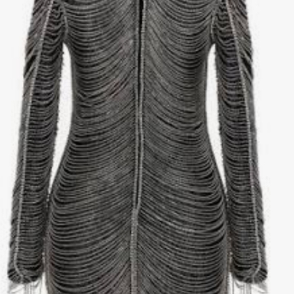 Retrofete  Jacqueline Embellished Charcoal Fringe-Trim Long Sleeve Bodycon Dress
